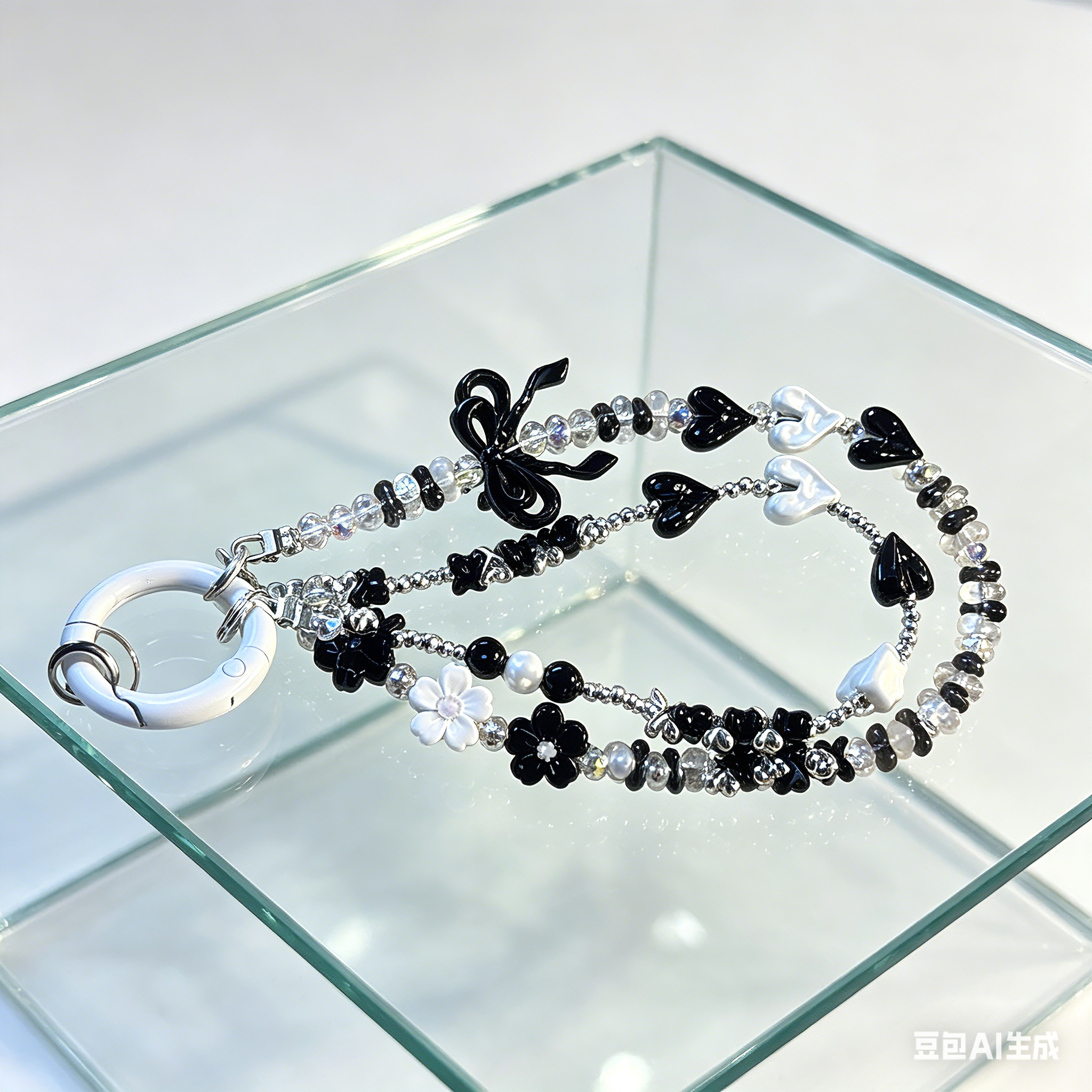 Customizable Black White Heart & Bow Phone Wristlet - Coquette Y2K Beaded Phone Chain