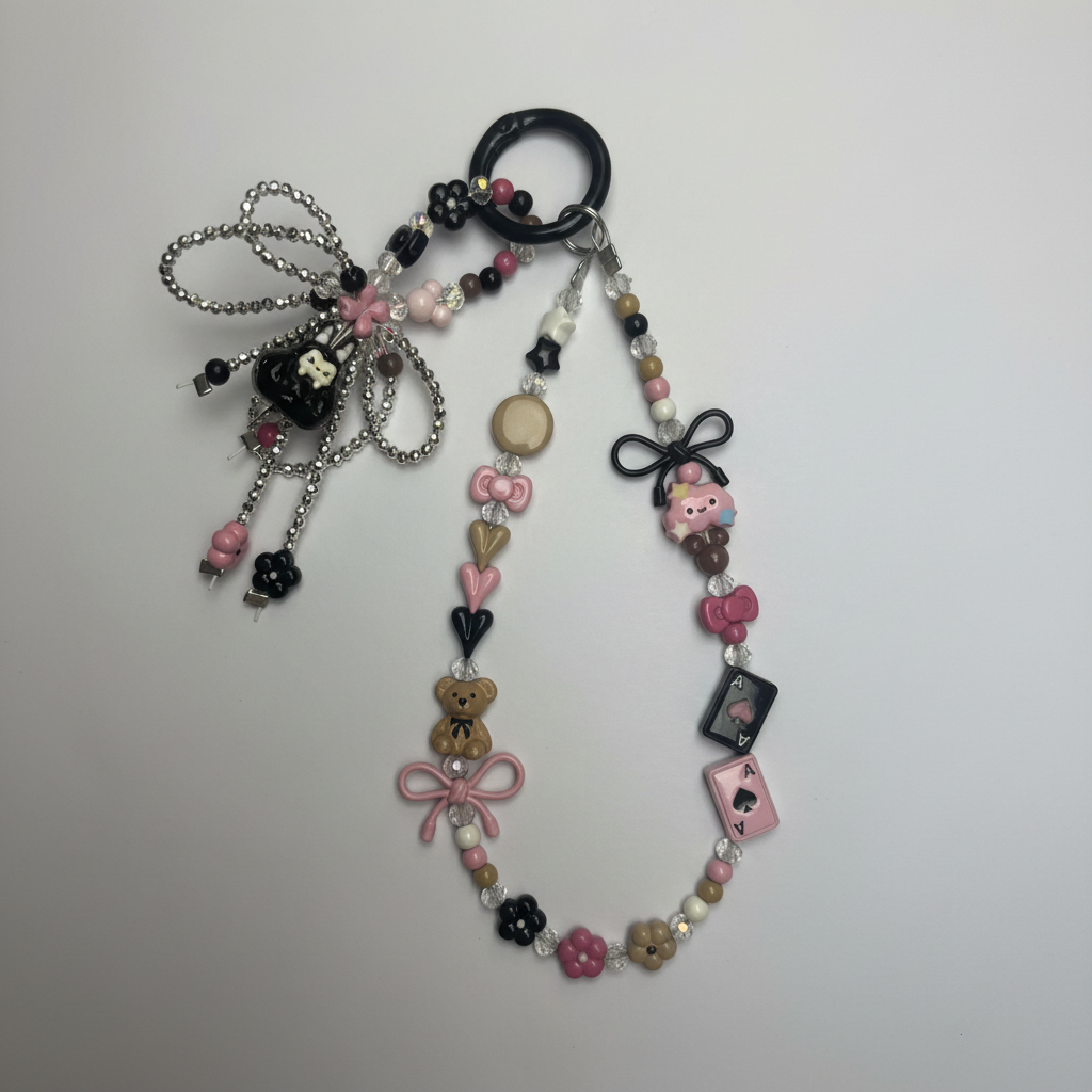 Black Pink Coquette Phone Wristlet - Y2K Bear & Bow Beaded Phone Chain