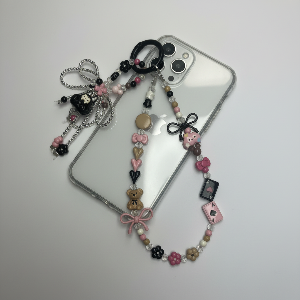 Black Pink Coquette Phone Wristlet - Y2K Bear & Bow Beaded Phone Chain