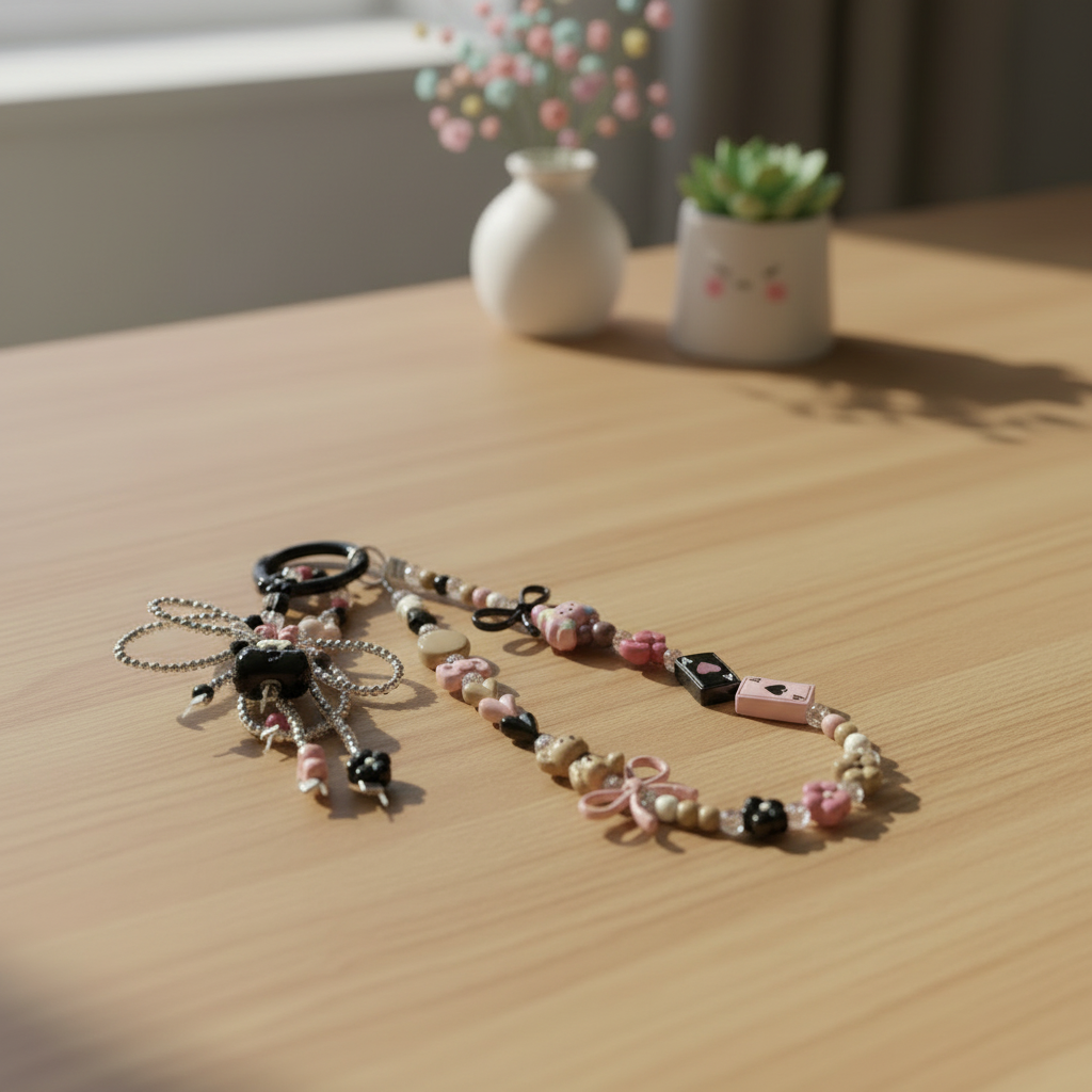 Black Pink Coquette Phone Wristlet - Y2K Bear & Bow Beaded Phone Chain