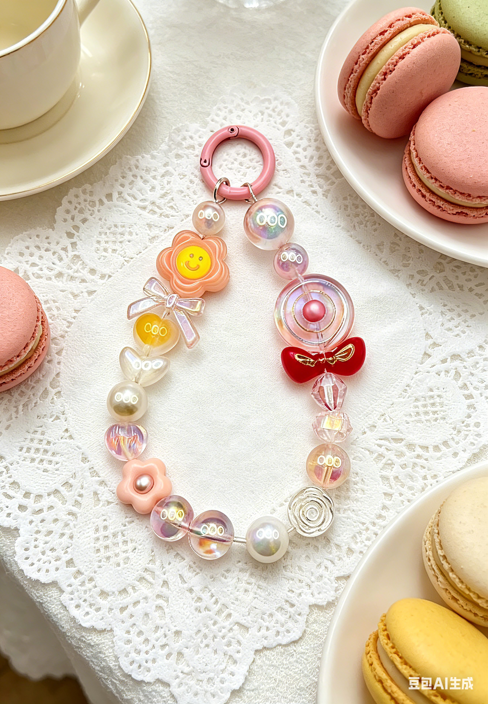 Customizable Kawaii Pink Coquette Phone Wristlet - Smiley Flower & Bow Beaded Phone Chain