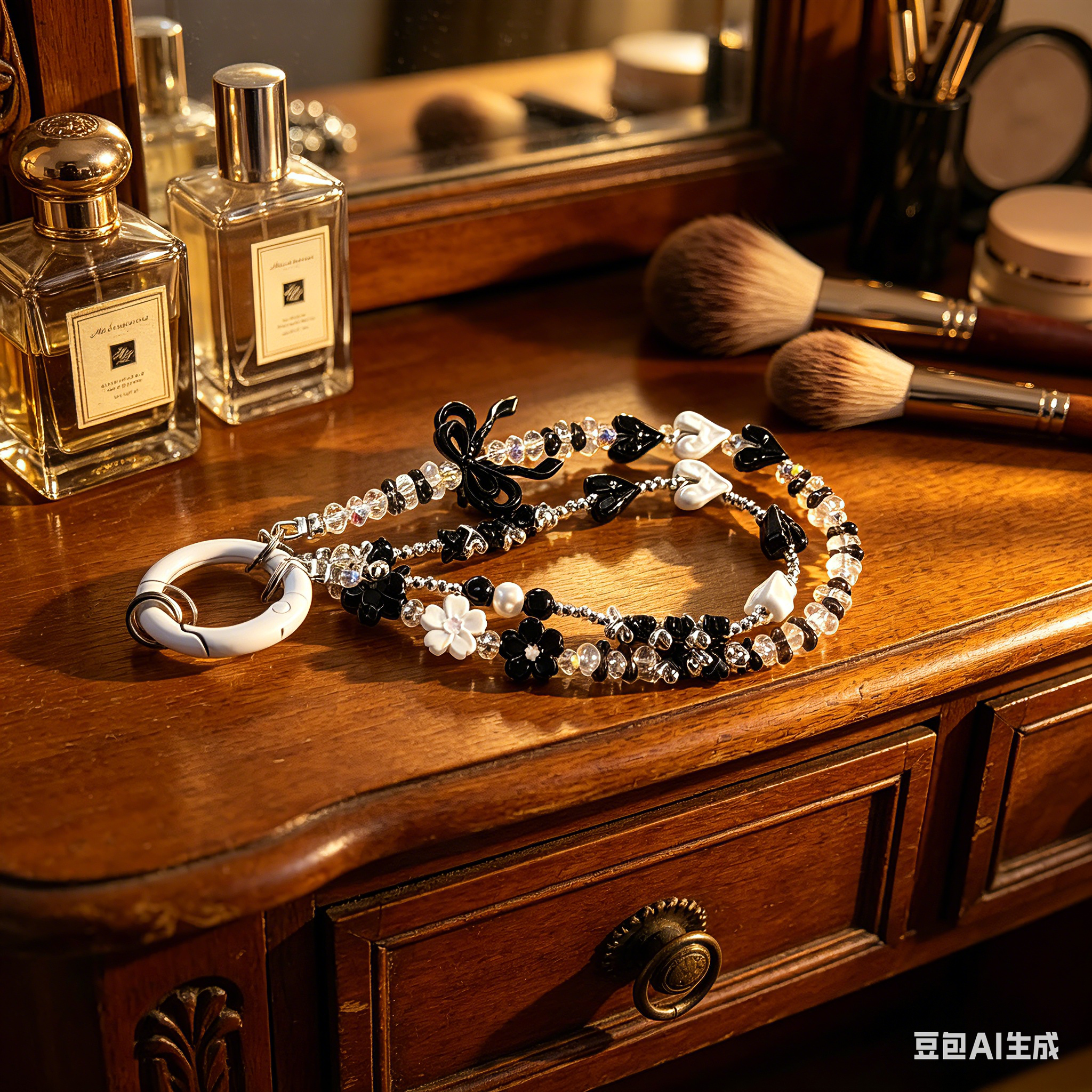 Customizable Black White Heart & Bow Phone Wristlet - Coquette Y2K Beaded Phone Chain