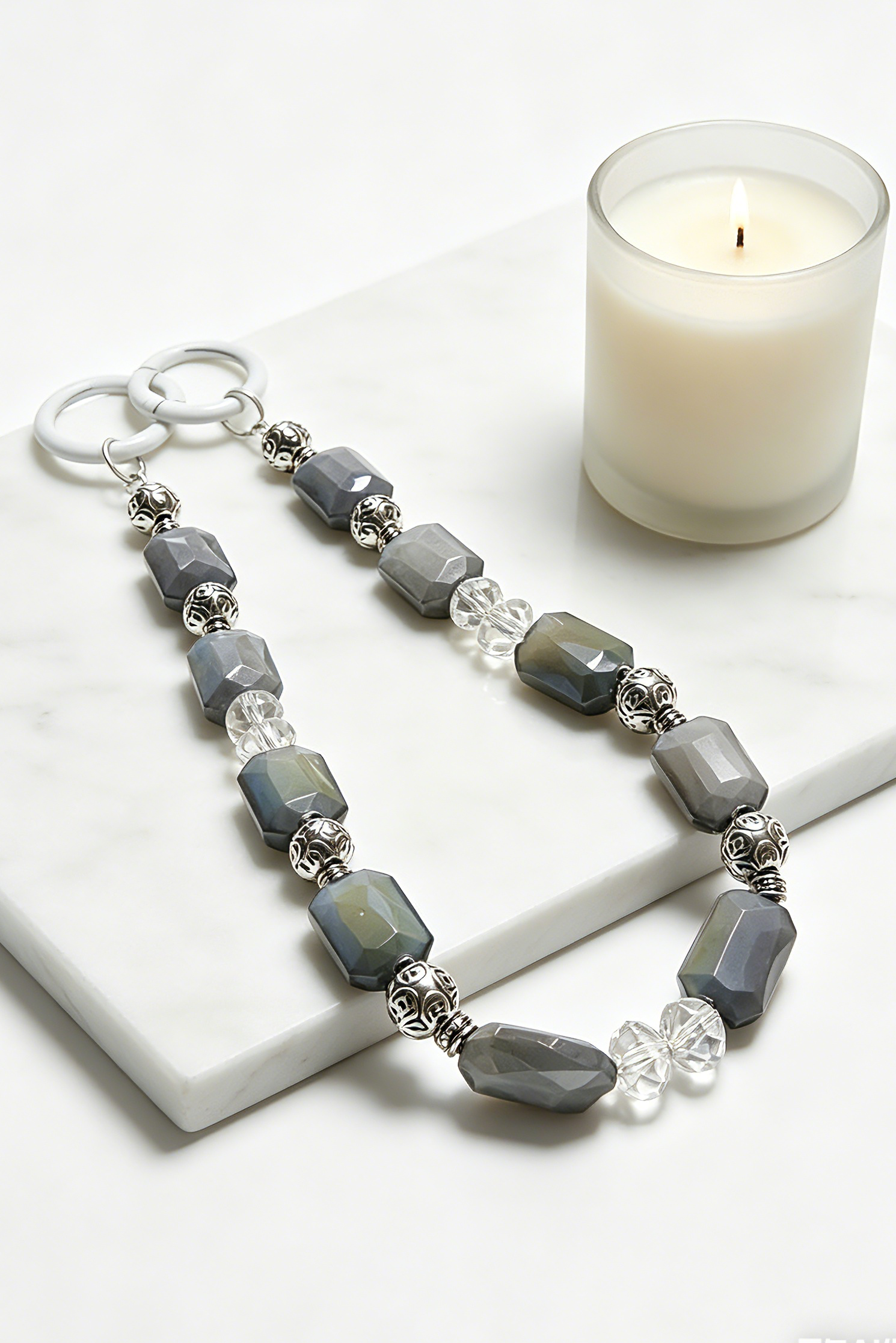 Grey Minimalist Beaded Phone Wristlet - Luxury Neutral Tone Phone Chain