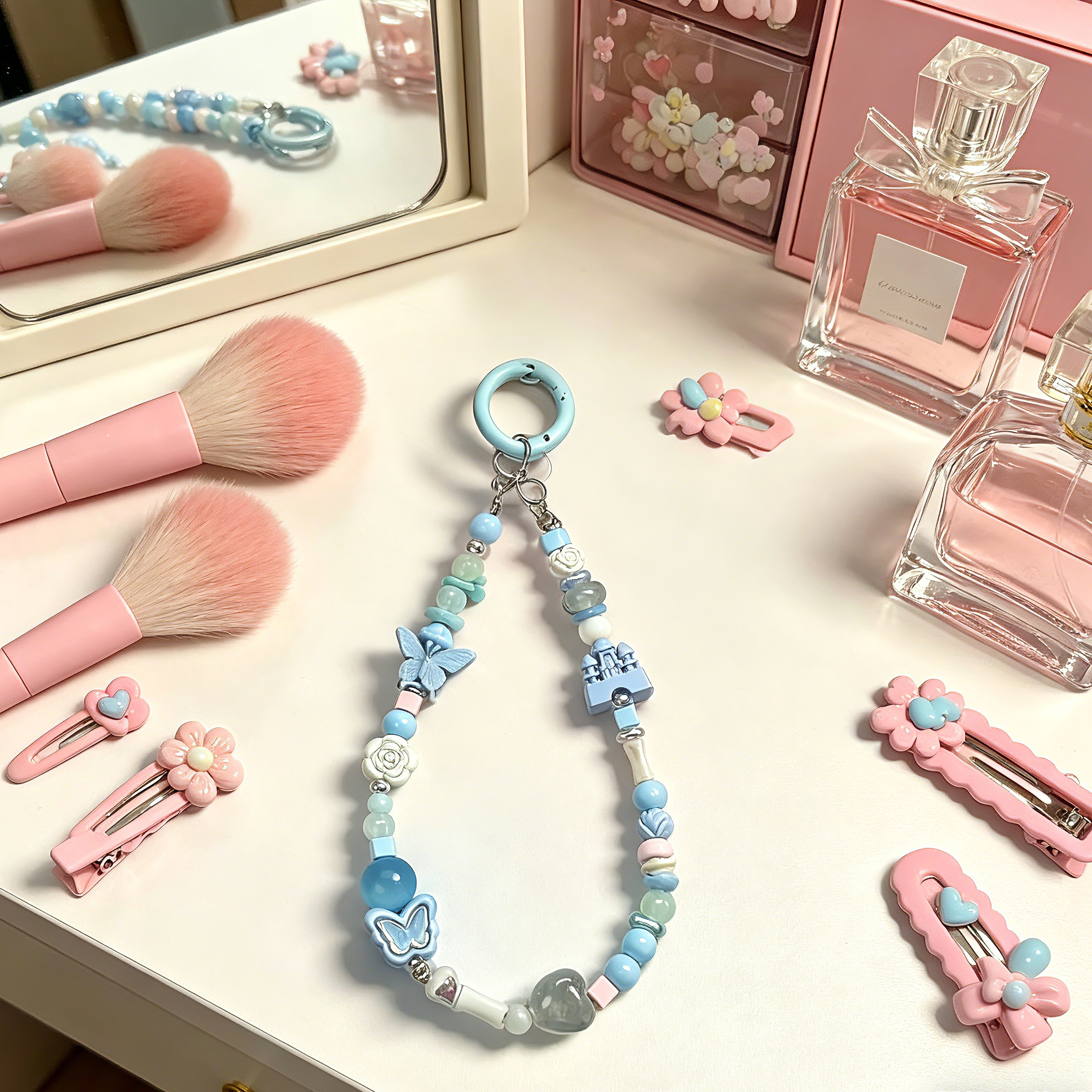 Light Blue Fairy Castle Phone Wristlet - Coquette Butterfly Beaded Phone Chain