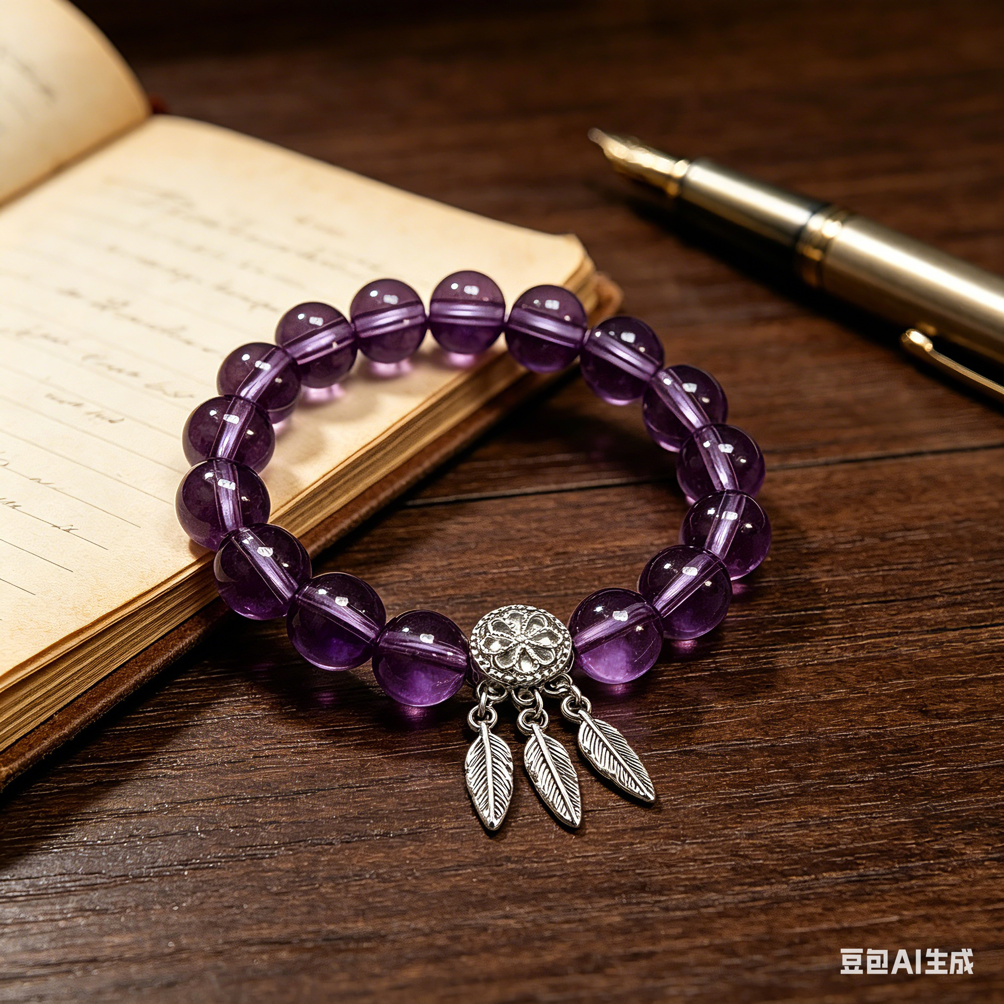 Customizable Purple Crystal Dreamcatcher Beaded Bracelet - Boho Aesthetic Feather Charm Bracelet