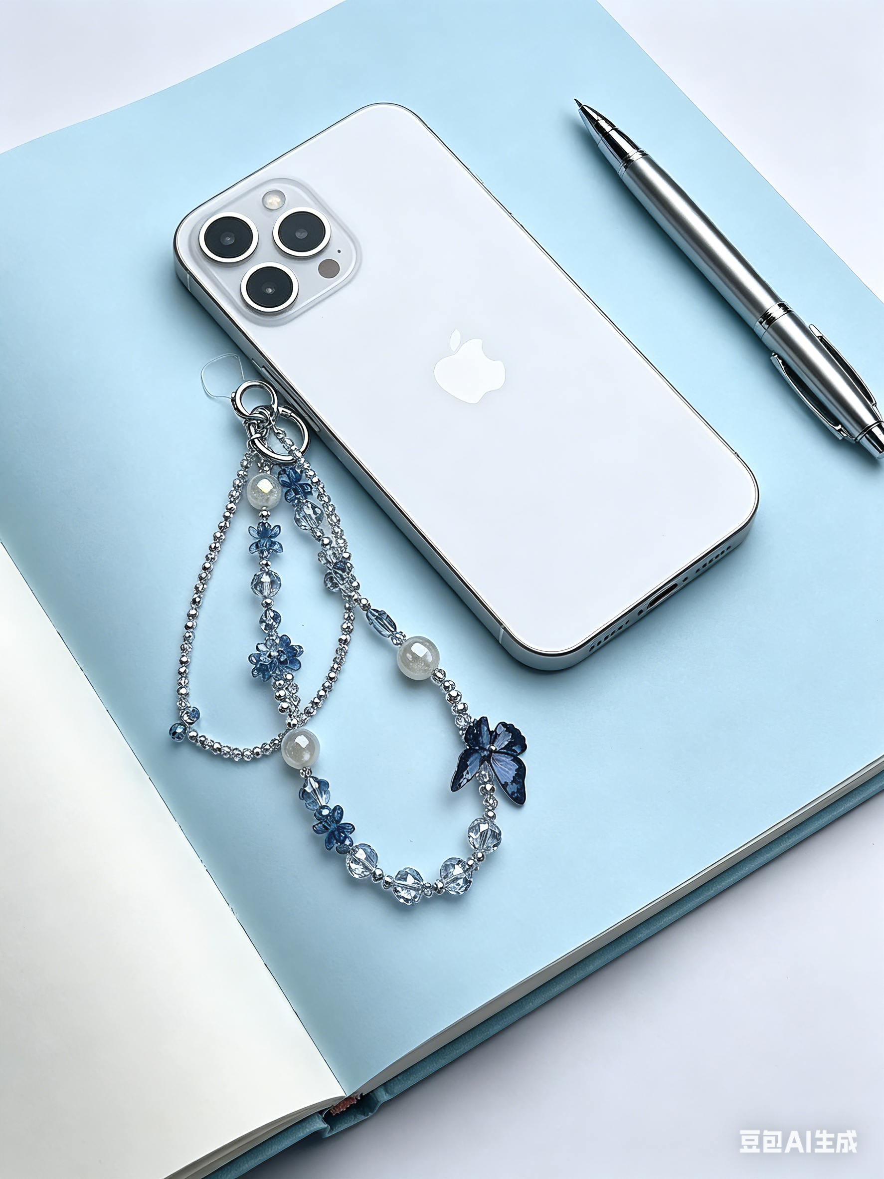 Customizable Blue Silver Butterfly Phone Wristlet - Double Layer Crystal Beaded Phone Chain