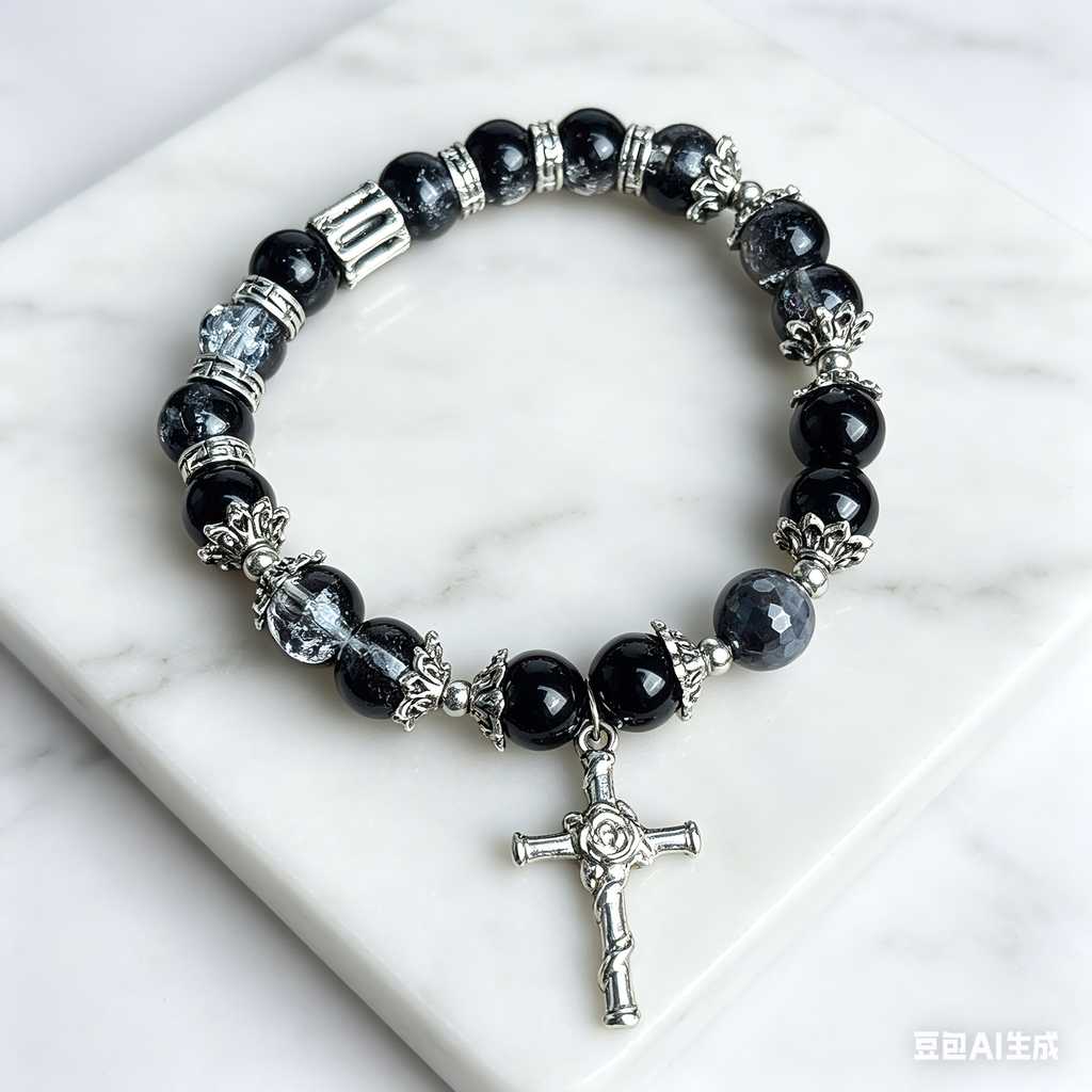 Customizable Black Crystal Cross Bracelet - Y2K Grunge Gothic Aesthetic Beaded Bracelet
