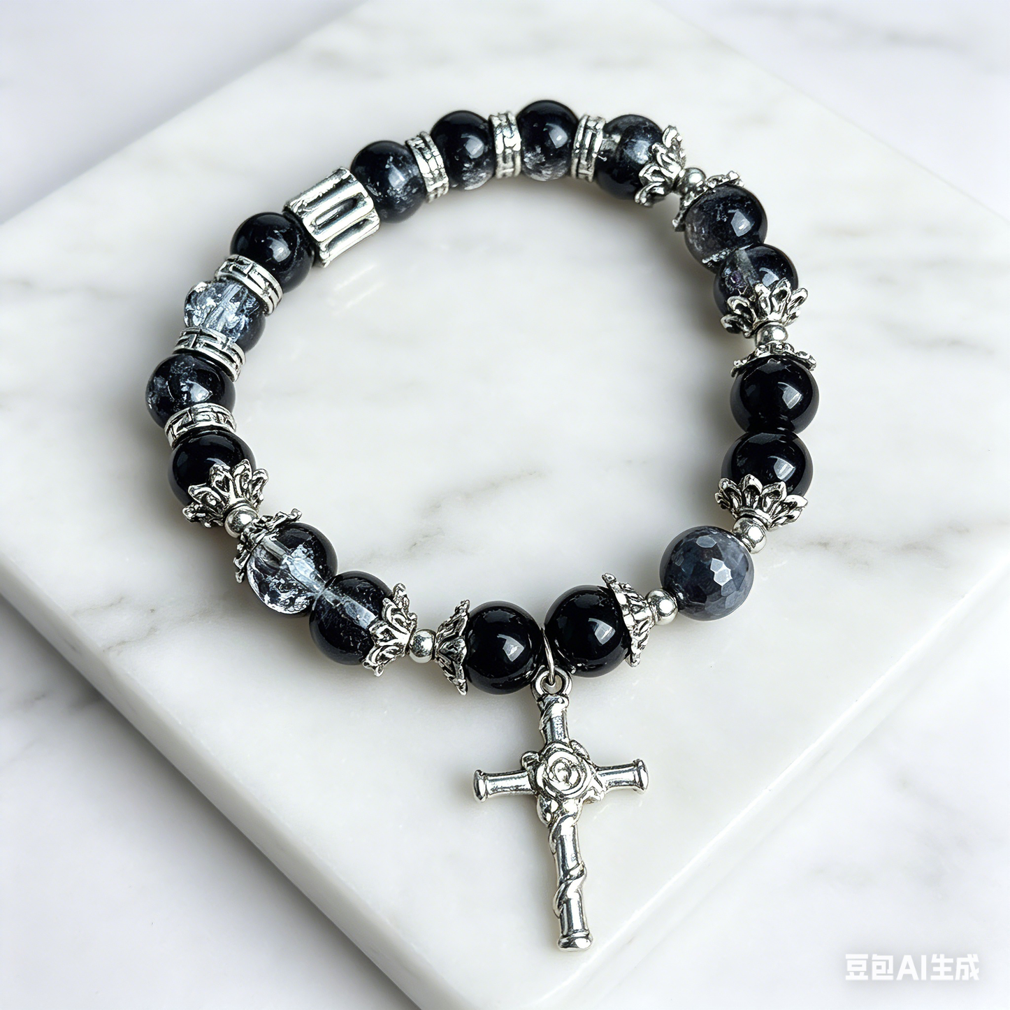Customizable Black Crystal Cross Bracelet - Y2K Grunge Gothic Aesthetic Beaded Bracelet