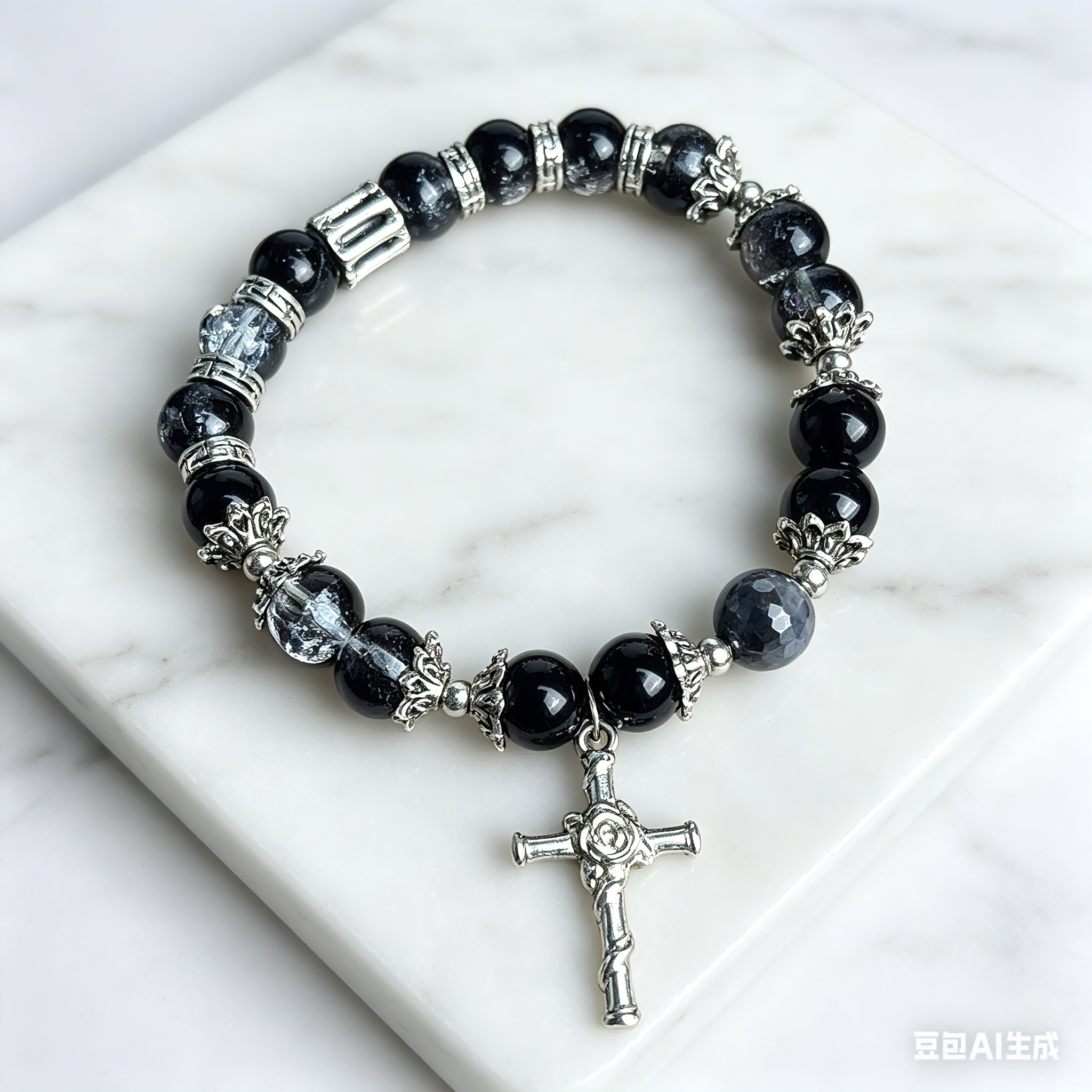 Customizable Black Crystal Cross Bracelet - Y2K Grunge Gothic Aesthetic Beaded Bracelet