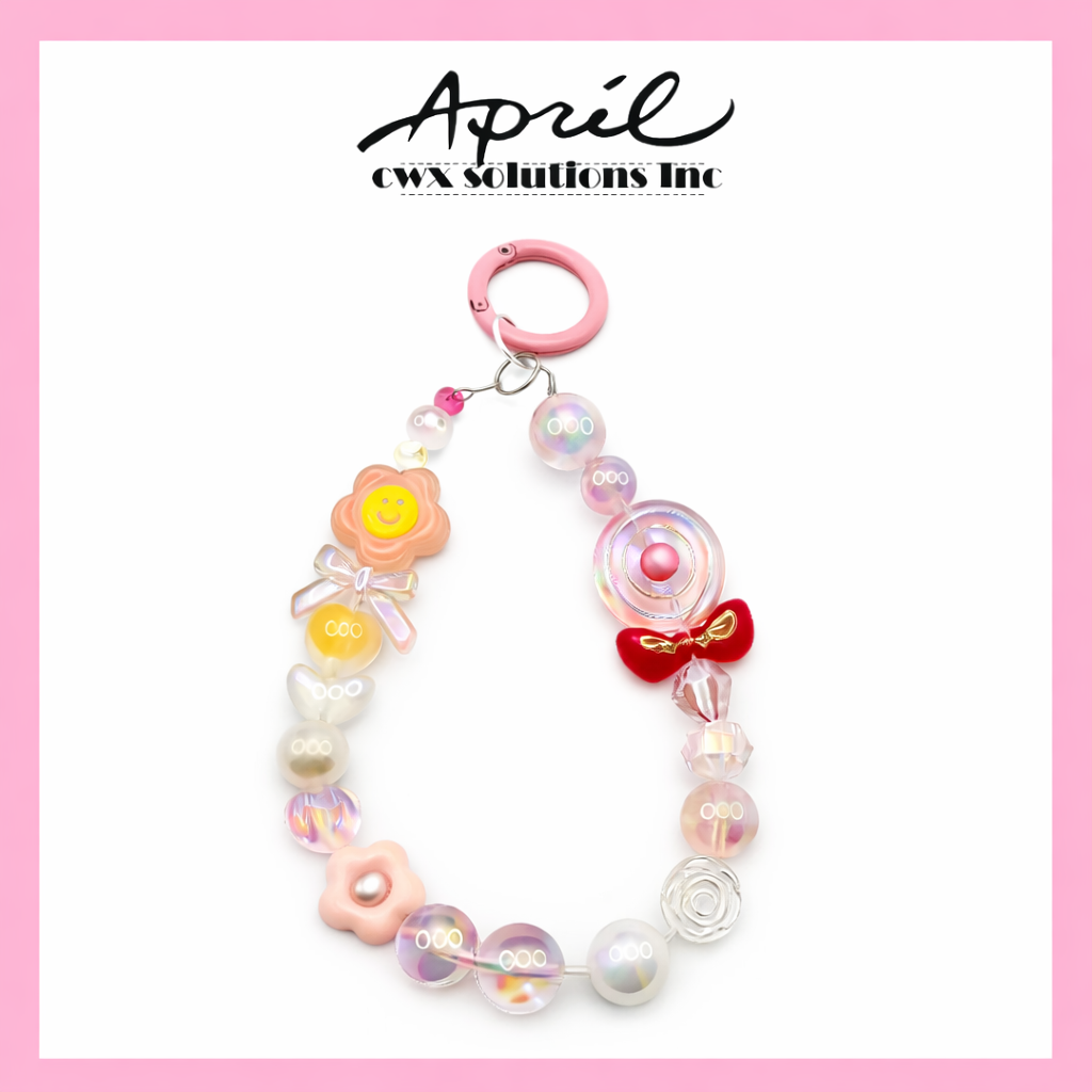 Customizable Kawaii Pink Coquette Phone Wristlet - Smiley Flower & Bow Beaded Phone Chain