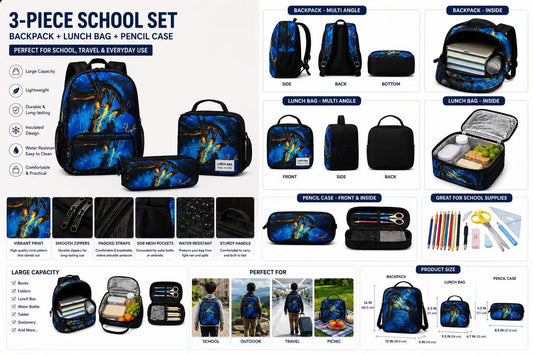 3-PIECE SCHOOL SETBACKPACK + LUNCH BAG + PENCIL CASE