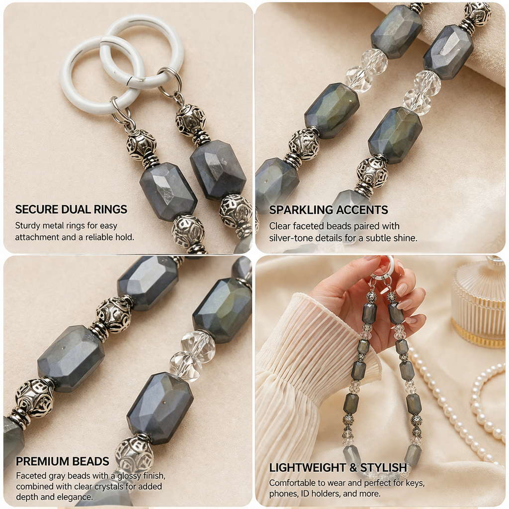 Grey Minimalist Beaded Phone Wristlet - Luxury Neutral Tone Phone Chain