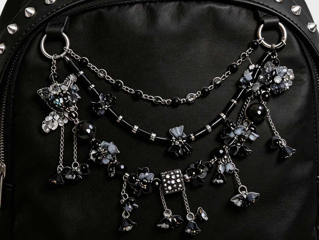 Gothic Black Grey Multi-layer Bag Charm, Handmade Y2K Dark Aesthetic Accessory, Customizable Bag/Key/Phone Charm