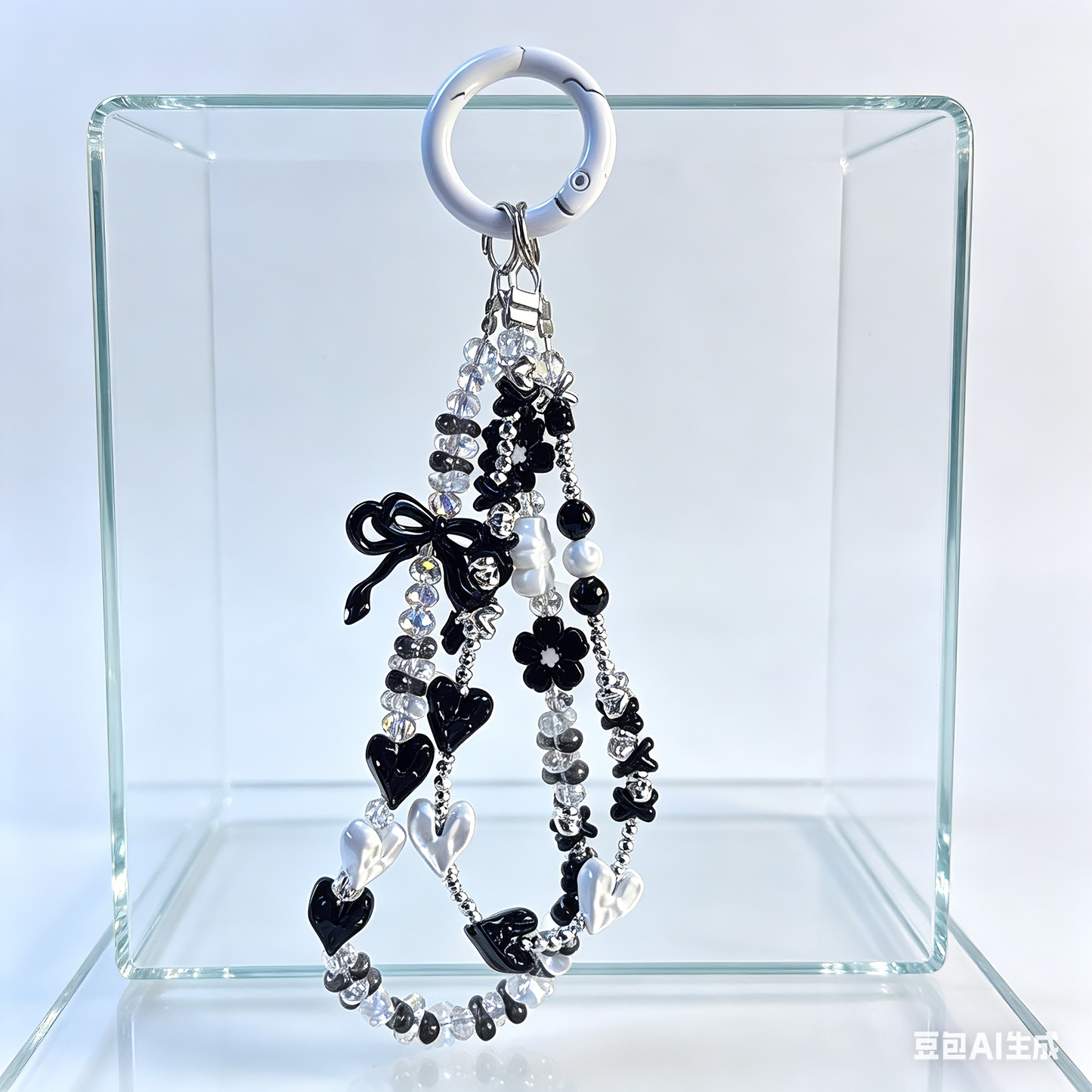 Customizable Black White Heart & Bow Phone Wristlet - Coquette Y2K Beaded Phone Chain