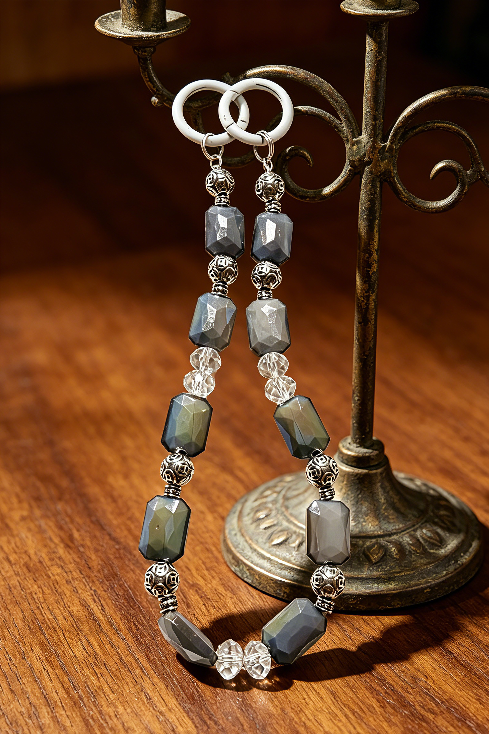 Grey Minimalist Beaded Phone Wristlet - Luxury Neutral Tone Phone Chain