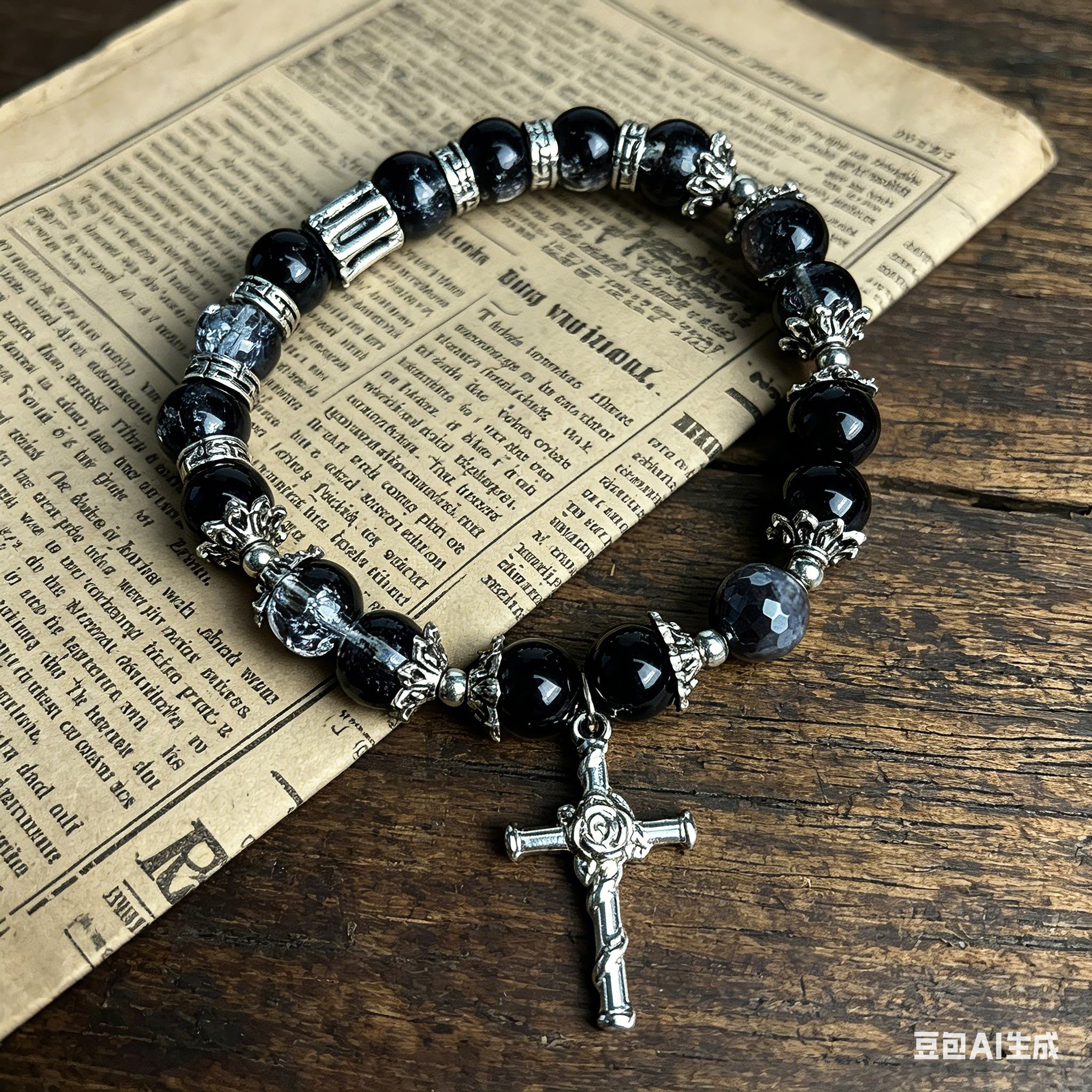 Customizable Black Crystal Cross Bracelet - Y2K Grunge Gothic Aesthetic Beaded Bracelet