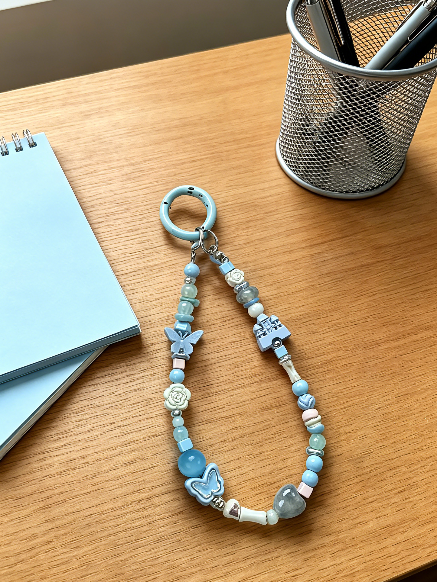 Light Blue Fairy Castle Phone Wristlet - Coquette Butterfly Beaded Phone Chain