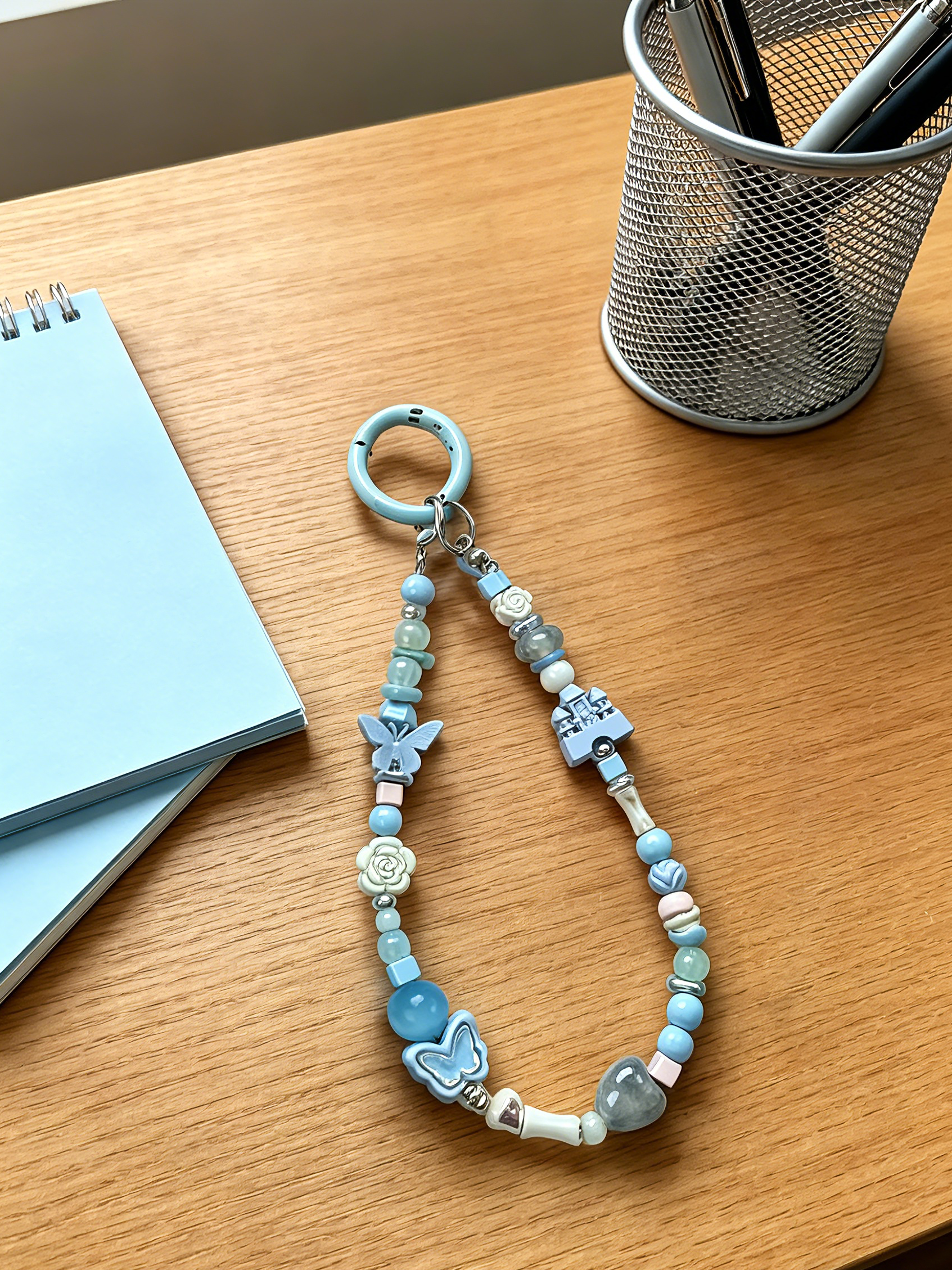 Light Blue Fairy Castle Phone Wristlet - Coquette Butterfly Beaded Phone Chain