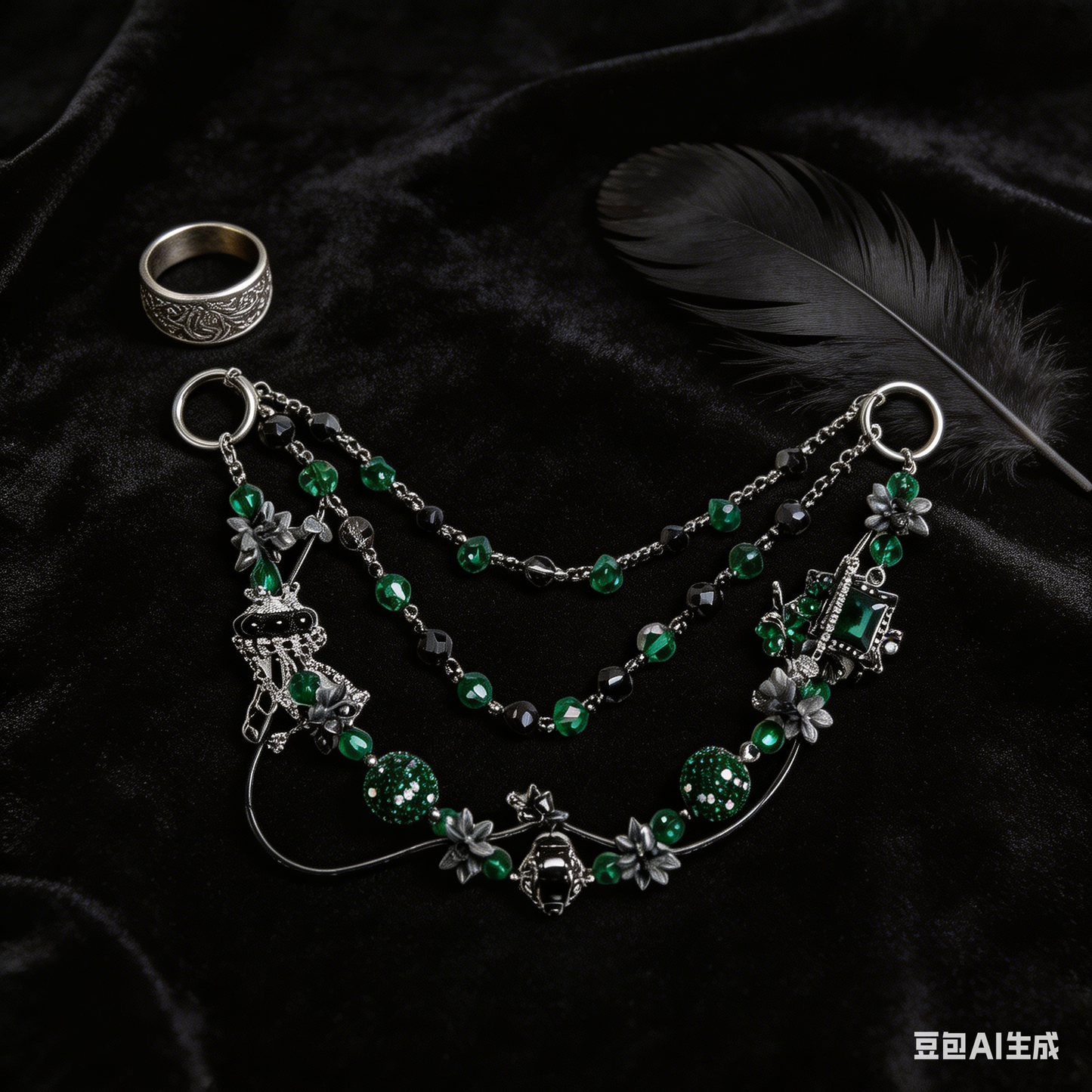 Gothic Dark Green Multi-layer Bag Charm, Handmade Y2K Dark Academia Accessory, Customizable Bag/Key/Phone Charm