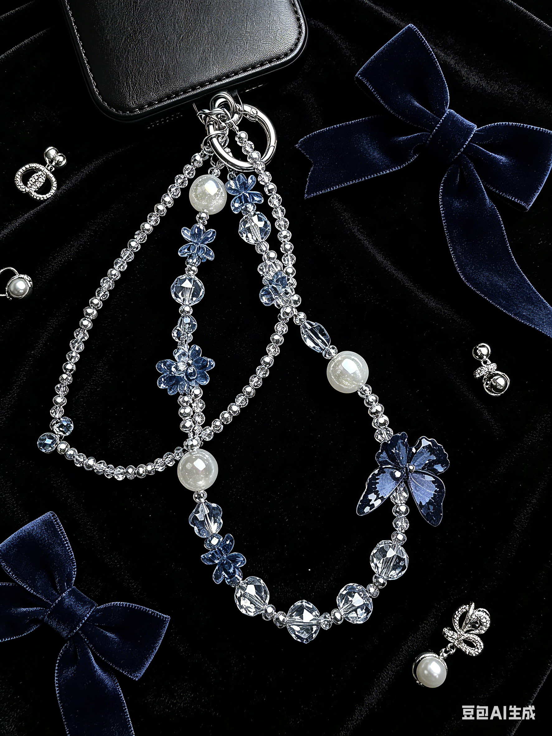 Customizable Blue Silver Butterfly Phone Wristlet - Double Layer Crystal Beaded Phone Chain