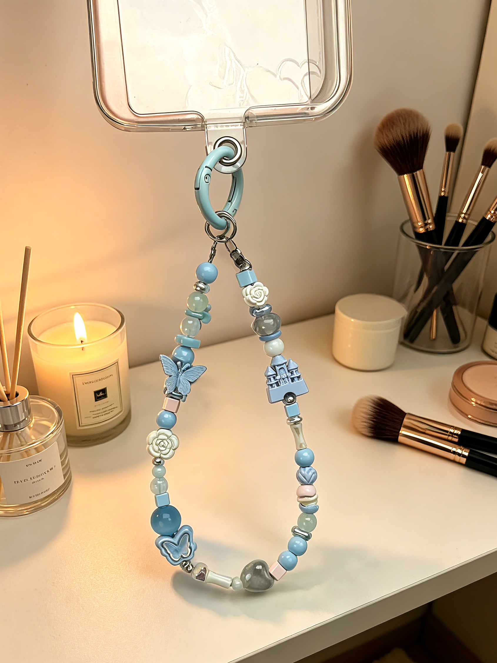 Light Blue Fairy Castle Phone Wristlet - Coquette Butterfly Beaded Phone Chain