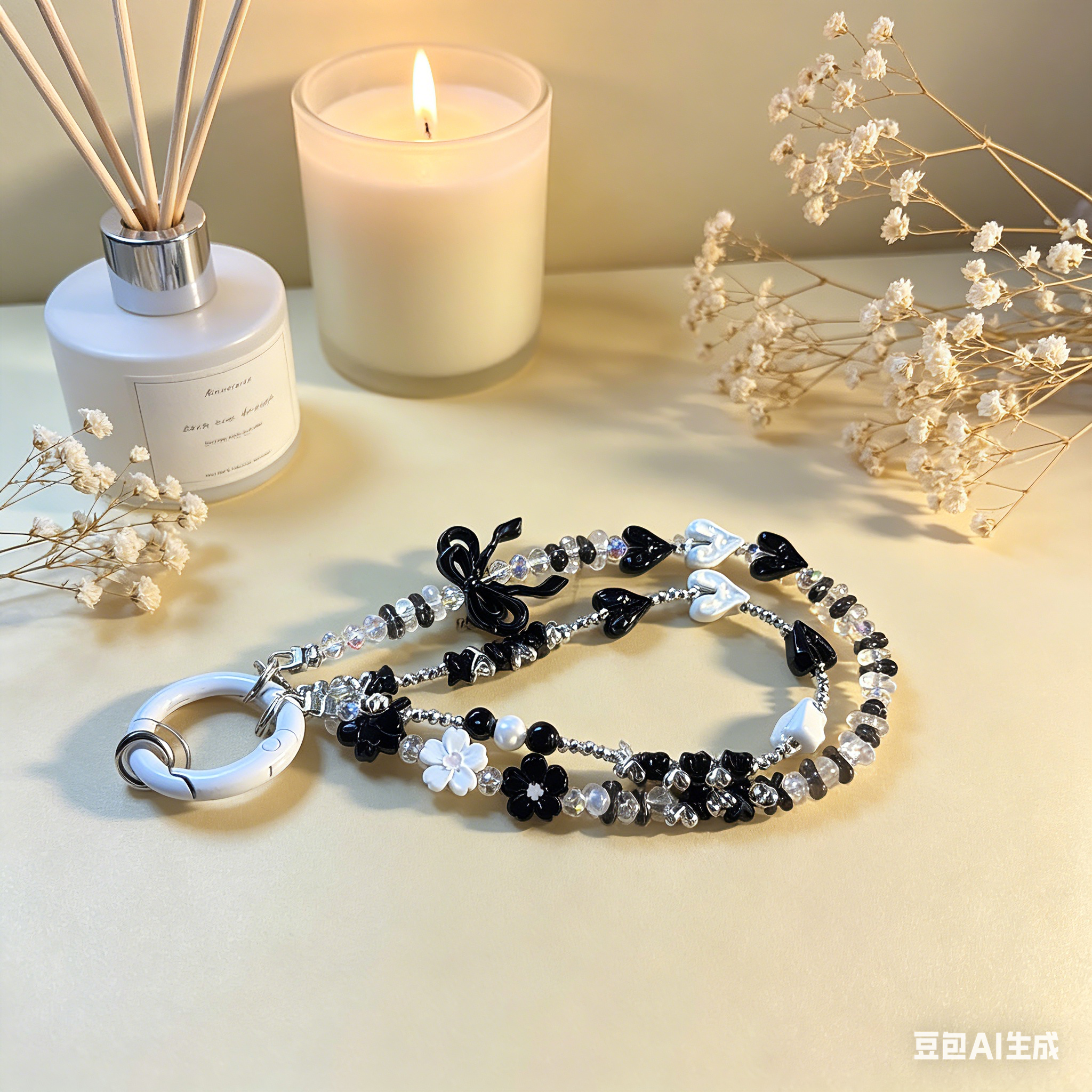 Customizable Black White Heart & Bow Phone Wristlet - Coquette Y2K Beaded Phone Chain