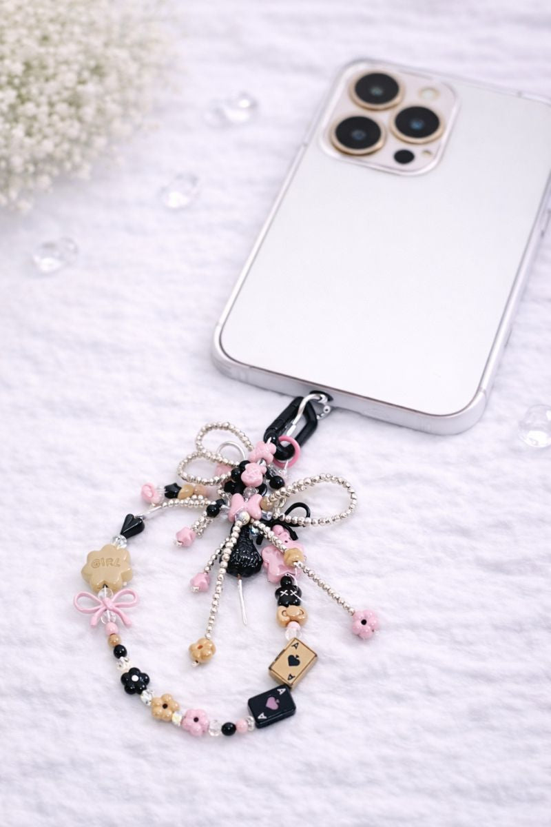Black Pink Coquette Phone Wristlet - Y2K Bear & Bow Beaded Phone Chain