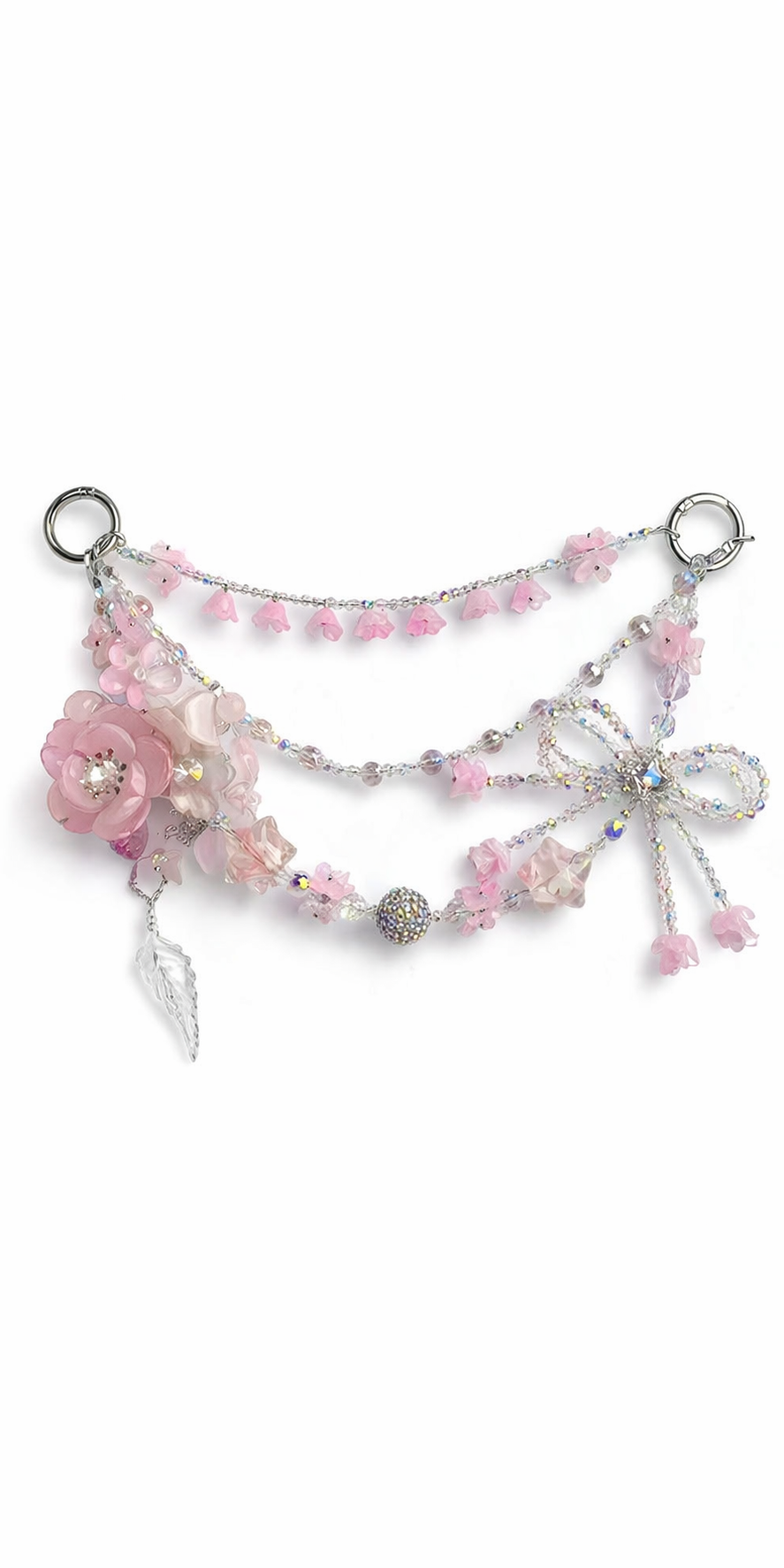 Pink Floral Resin Bag Charm Strap, Sparkly Rhinestone Flower Cup Accessory, Customizable Cute Keychain Charm