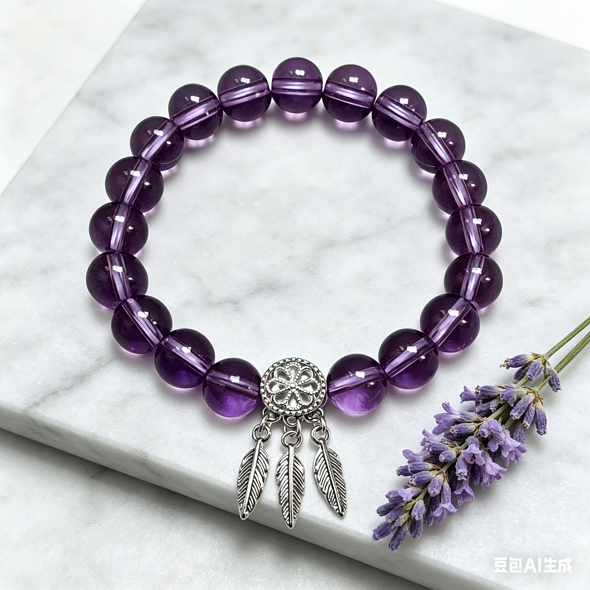 Customizable Purple Crystal Dreamcatcher Beaded Bracelet - Boho Aesthetic Feather Charm Bracelet