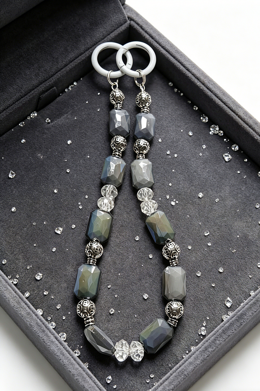 Grey Minimalist Beaded Phone Wristlet - Luxury Neutral Tone Phone Chain
