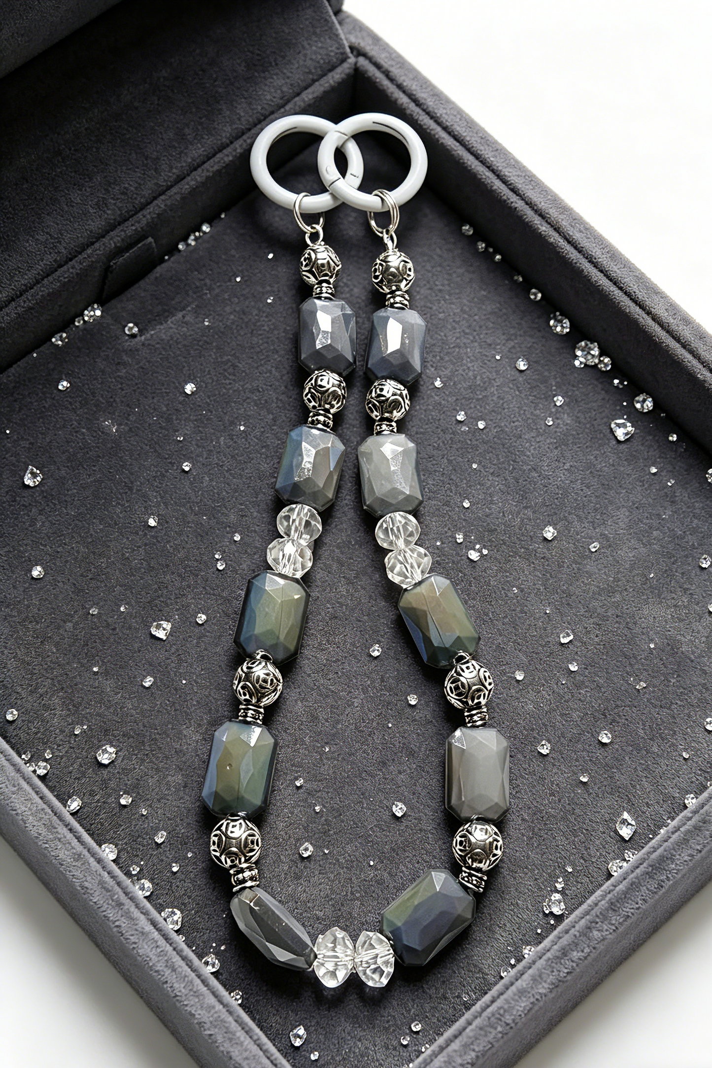Grey Minimalist Beaded Phone Wristlet - Luxury Neutral Tone Phone Chain