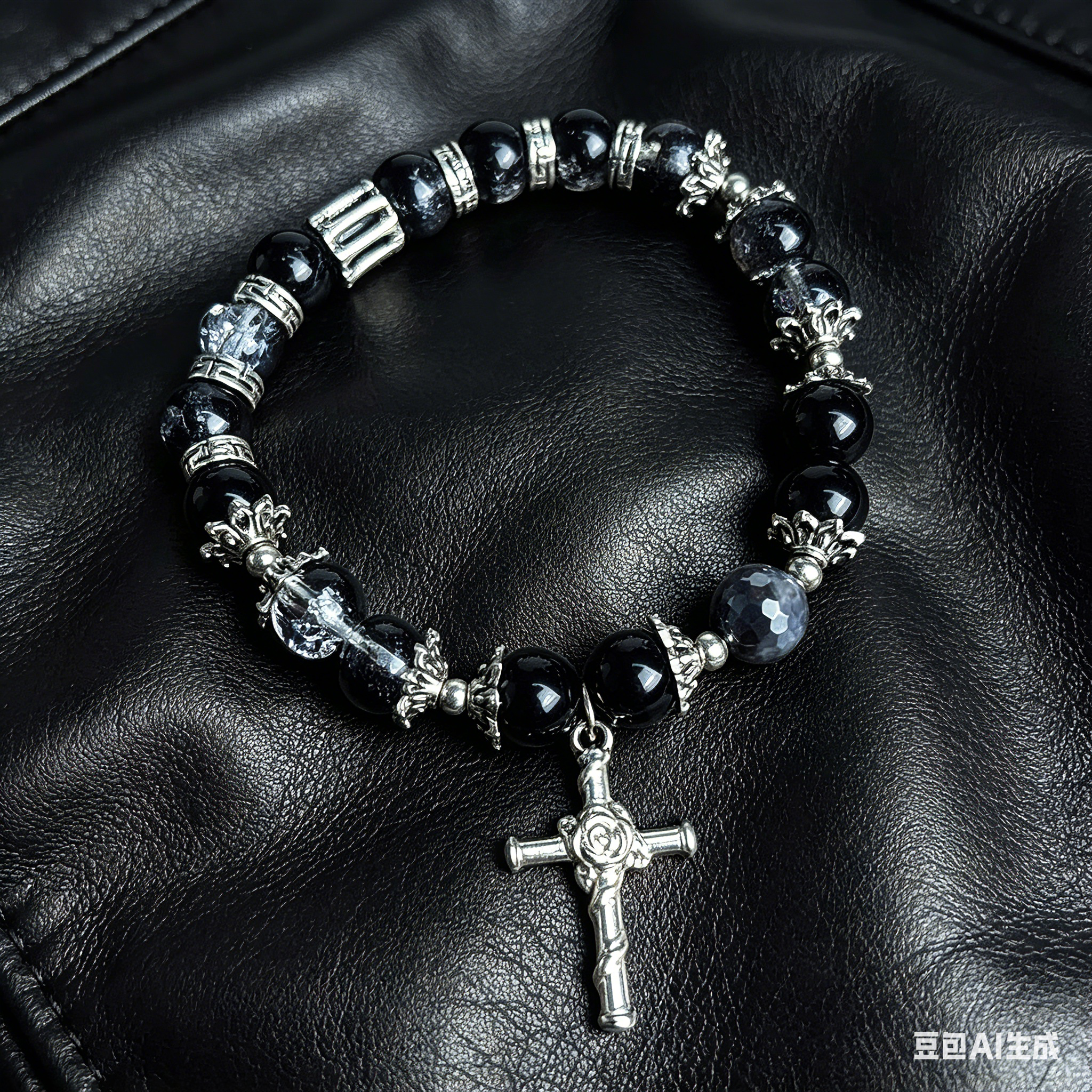 Customizable Black Crystal Cross Bracelet - Y2K Grunge Gothic Aesthetic Beaded Bracelet