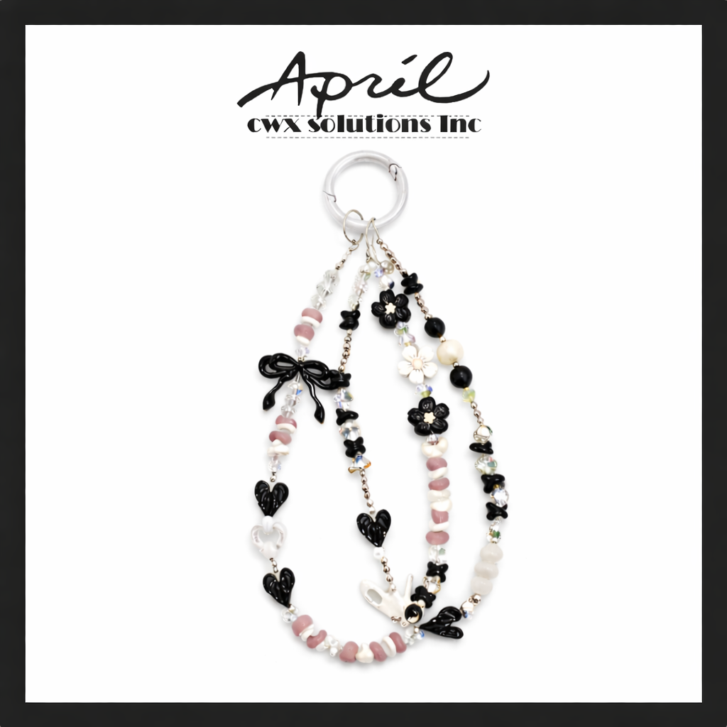 Y2K Black Bow Heart Beaded Phone Charm - Resin Glass Crystal Phone Strap with Zinc Alloy