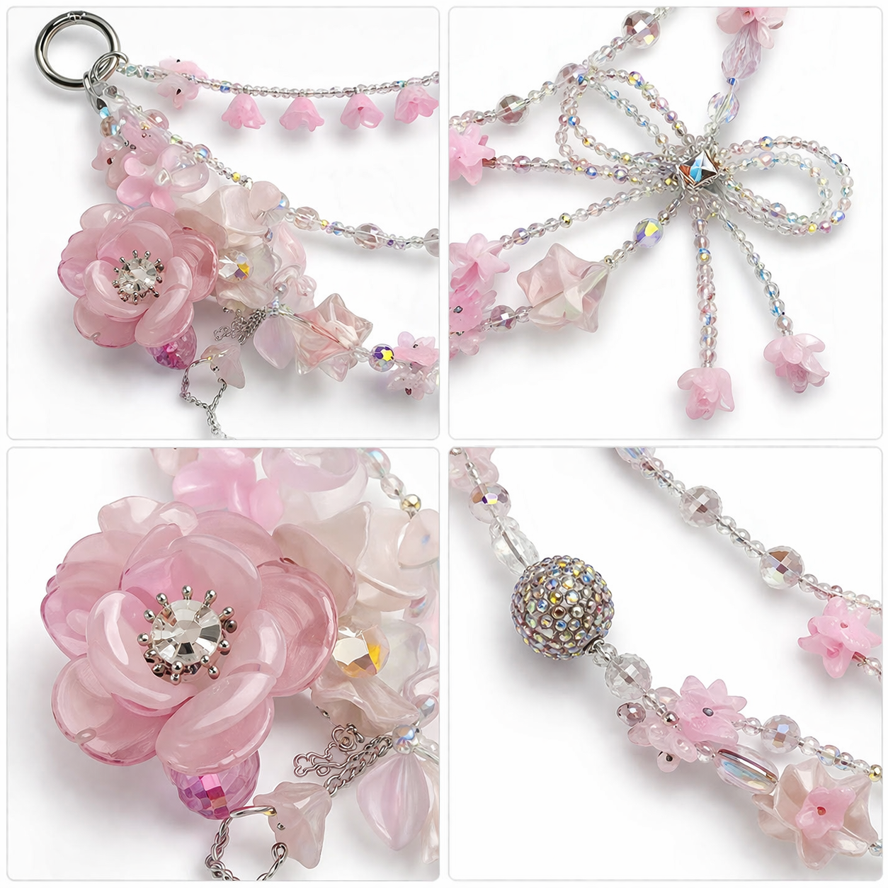 Pink Floral Resin Bag Charm Strap, Sparkly Rhinestone Flower Cup Accessory, Customizable Cute Keychain Charm