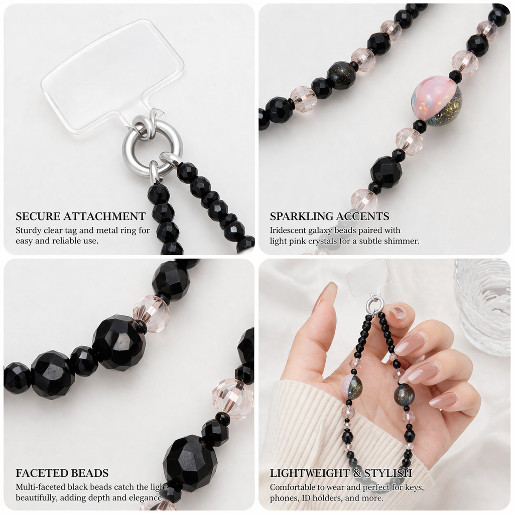 Customizable Black Starry Sky Phone Wristlet - Dark Aesthetic Crystal Beaded Phone Chain