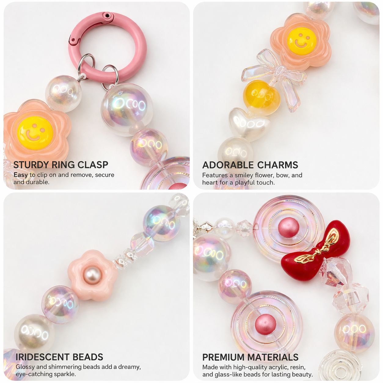 Customizable Kawaii Pink Coquette Phone Wristlet - Smiley Flower & Bow Beaded Phone Chain