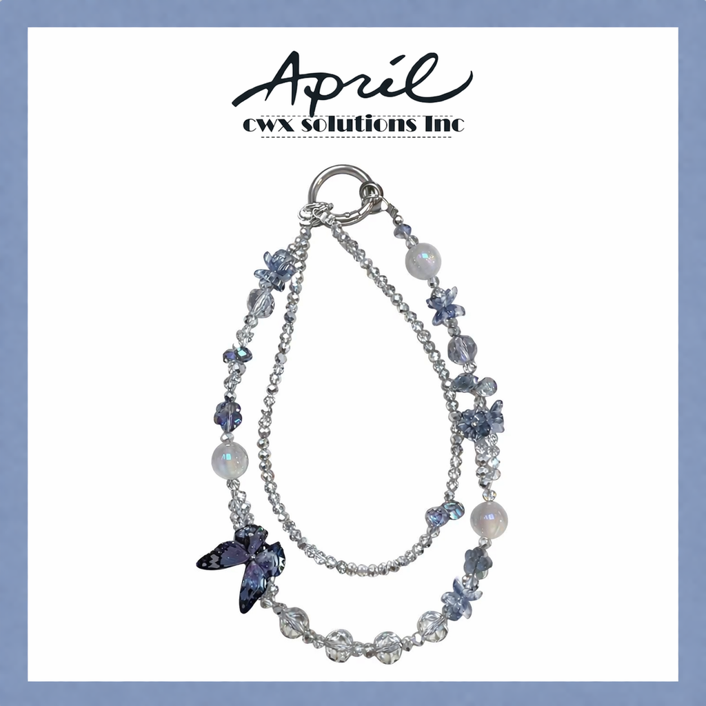 Customizable Blue Silver Butterfly Phone Wristlet - Double Layer Crystal Beaded Phone Chain