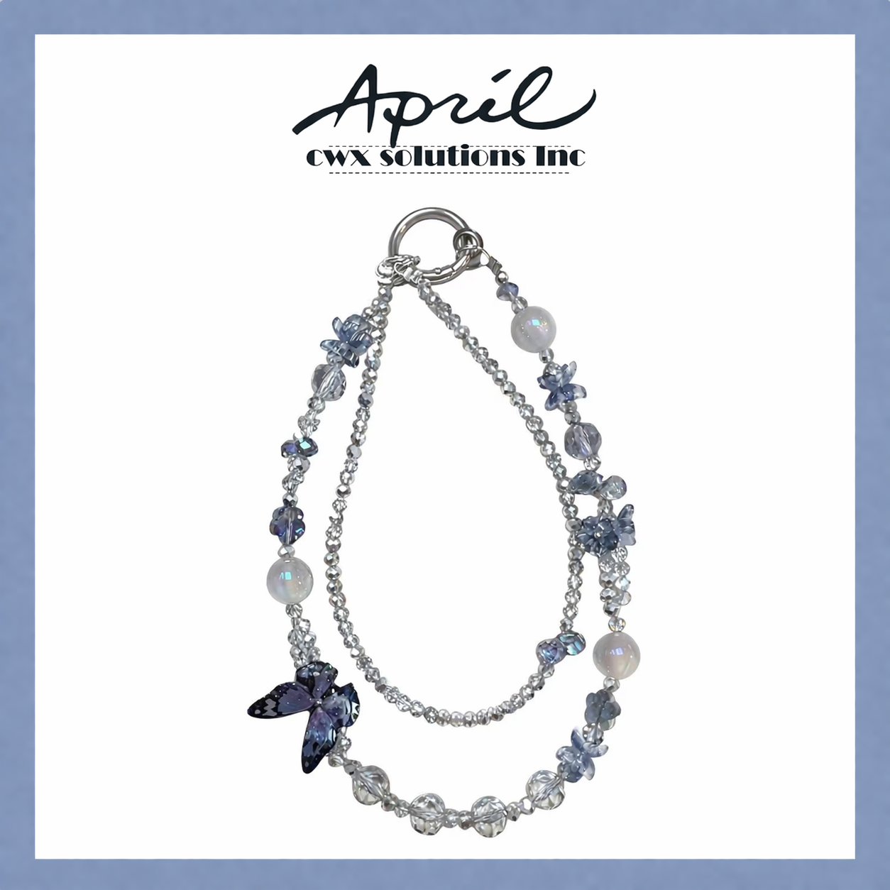 Customizable Blue Silver Butterfly Phone Wristlet - Double Layer Crystal Beaded Phone Chain