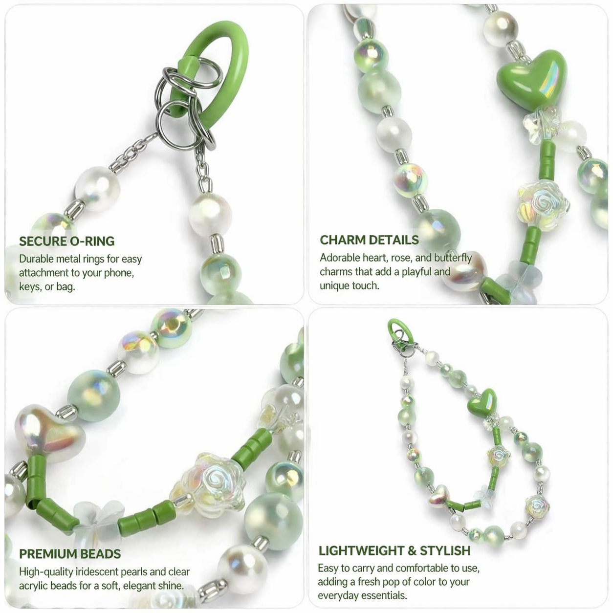 Green Heart Aesthetic Phone Wristlet - Fresh Coquette Beaded Phone Chain