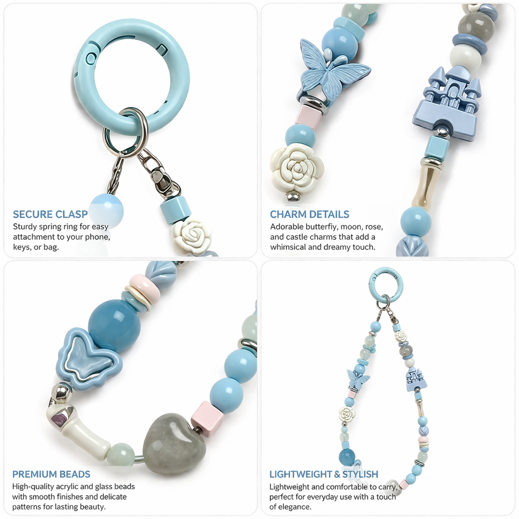 Light Blue Fairy Castle Phone Wristlet - Coquette Butterfly Beaded Phone Chain