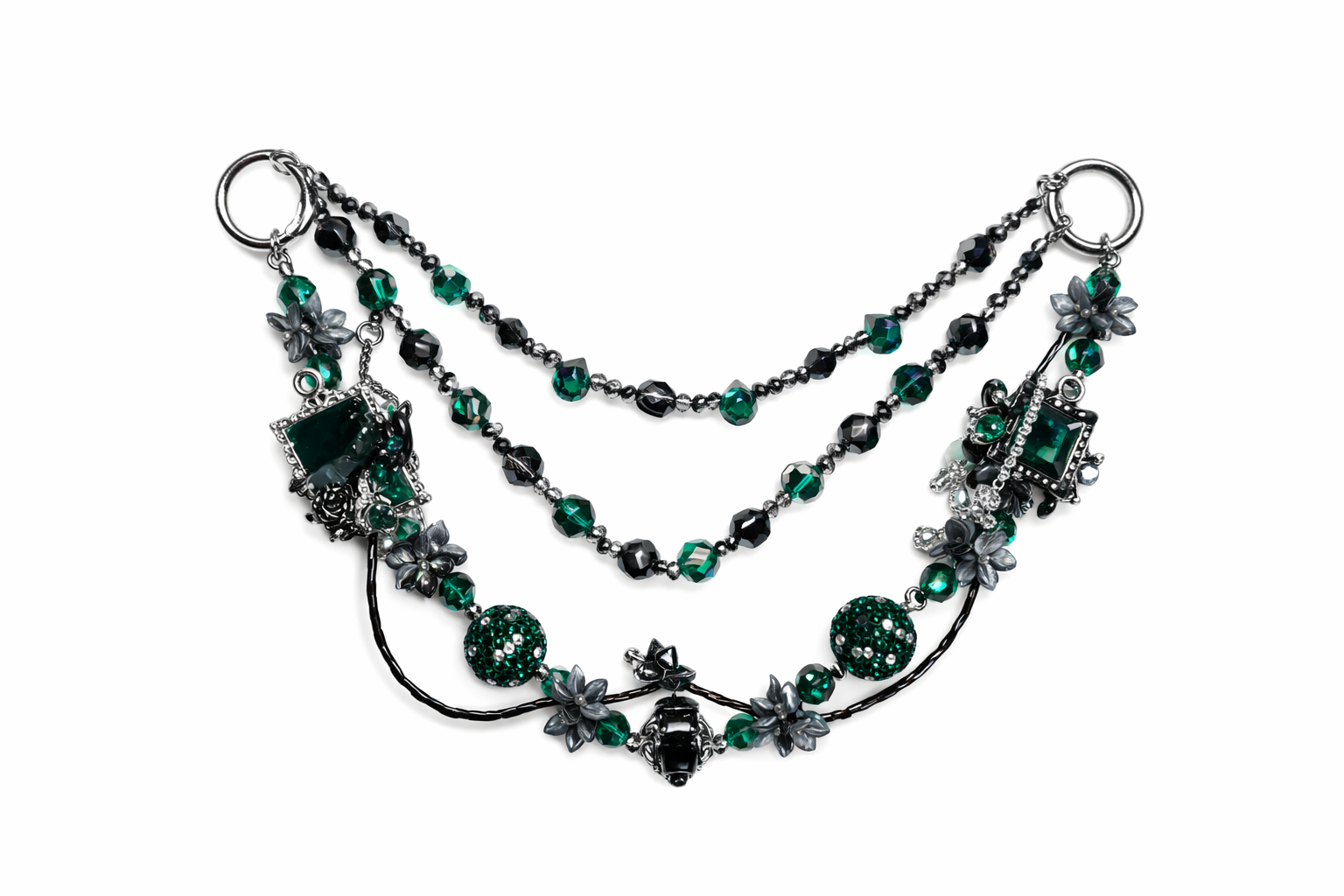 Gothic Dark Green Multi-layer Bag Charm, Handmade Y2K Dark Academia Accessory, Customizable Bag/Key/Phone Charm