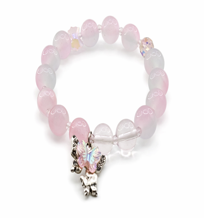Pink Gradient Butterfly Charm Bracelet for Women, Transparent Resin Bead Stackable Bracelet, Customizable Fairy Jewelry Gift