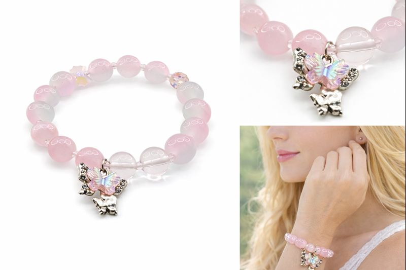 Pink Gradient Butterfly Charm Bracelet for Women, Transparent Resin Bead Stackable Bracelet, Customizable Fairy Jewelry Gift