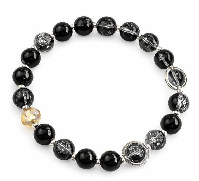Black Crackle Beaded Bracelet for Men/Women, Silver Tone Zinc Alloy Stackable Bracelet, Customizable Gothic Jewelry Gift