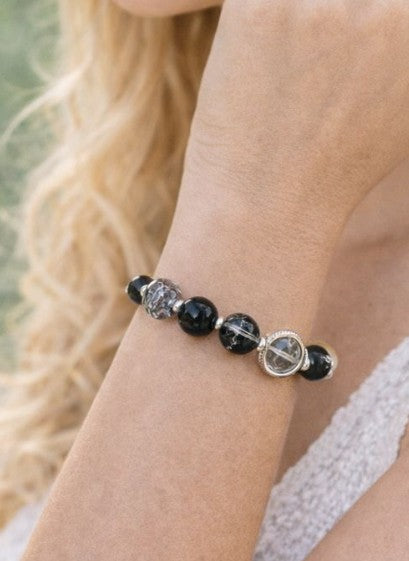 Black Crackle Beaded Bracelet for Men/Women, Silver Tone Zinc Alloy Stackable Bracelet, Customizable Gothic Jewelry Gift