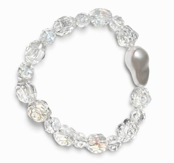 Rose Cut Crystal Beaded Bracelet with Baroque Pearl, Transparent Resin Stackable Bracelet, Customizable Elegant Jewelry Gift