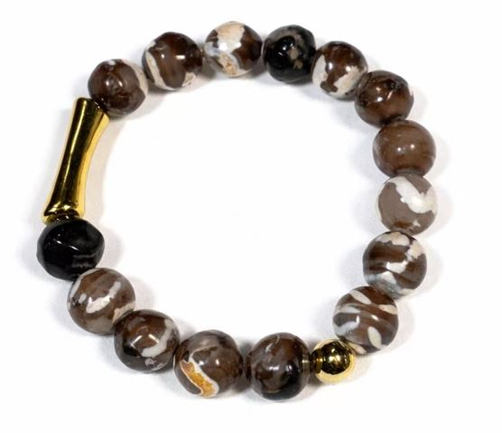 Brown Agate Look Beaded Bracelet with Gold Bamboo Bar, Resin Glass Stackable Bracelet, Customizable Men Women Unisex Jewelry Gift