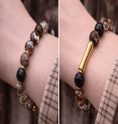 Brown Agate Look Beaded Bracelet with Gold Bamboo Bar, Resin Glass Stackable Bracelet, Customizable Men Women Unisex Jewelry Gift