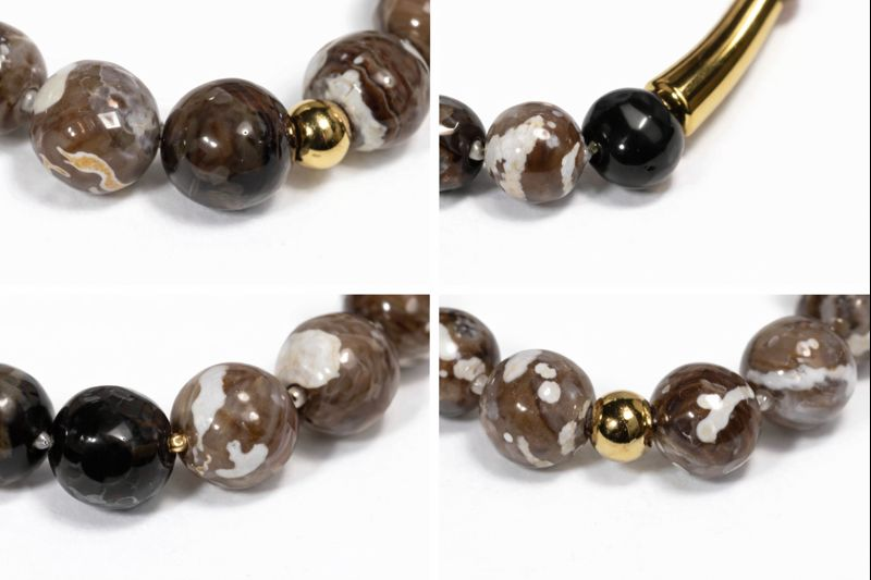 Brown Agate Look Beaded Bracelet with Gold Bamboo Bar, Resin Glass Stackable Bracelet, Customizable Men Women Unisex Jewelry Gift