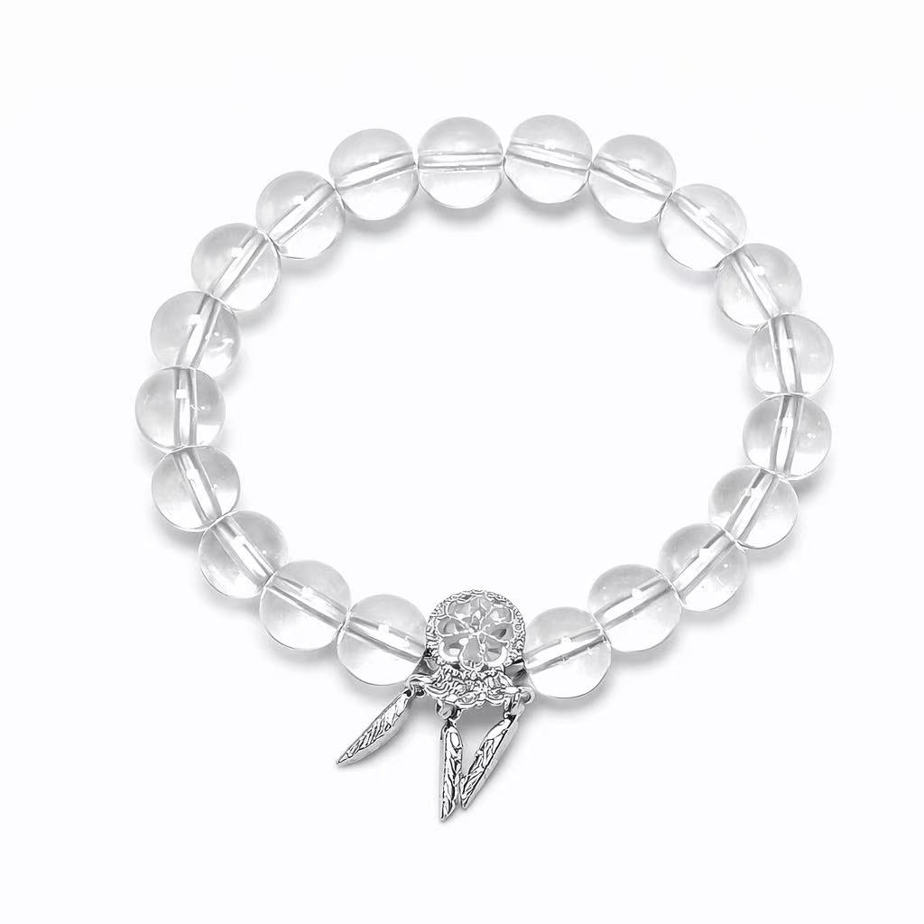 Clear Dreamcatcher Beaded Bracelet for Women, Transparent Glass Bead Stackable Bracelet, Customizable Boho Jewelry Gift